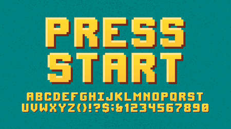 Pixelated typeface computer graphic letters and numbers, old school nostalgic pixel video game font, colorful retro alphabet, vector symbolsのイラスト素材