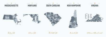 Vector set 2 of 10 Highly detailed silhouettes of US state maps, divided into counties with names and territory nicknamesのイラスト素材