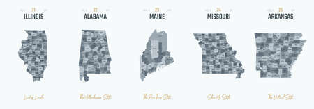 Vector set 5 of 10 Highly detailed silhouettes of US state maps, divided into counties with names and territory nicknamesのイラスト素材