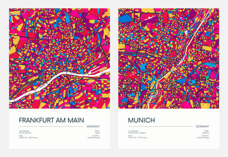 Color detailed road map, urban street plan city Frankfurt am Main and Munich with colorful neighborhoods and districts, Travel vector posterのイラスト素材