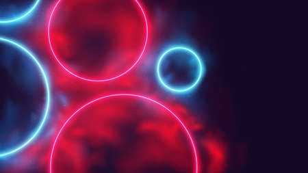 Glowing colored round frames, circular red and blue neon rays in smoke, cyber background with copy...