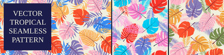 Seamless multicolored pattern with exotic tropical plants, monstera leaves and palm trees, vector botany composition, set 11のイラスト素材