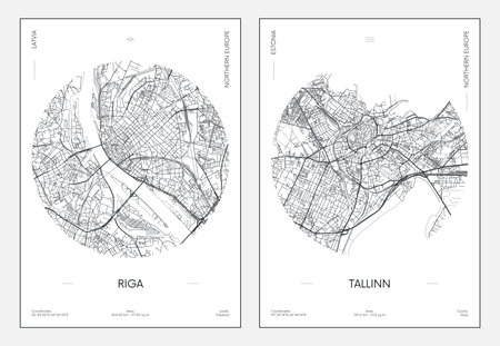 Travel poster, urban street plan city map Riga and Tallinn, vector illustrationのイラスト素材