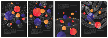 Contemporary composition artwork with strange wireframes of geometric shapes and with red, orange...