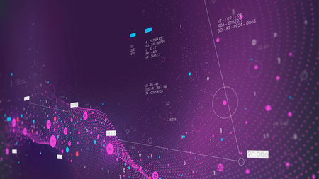 Database grid visualization, big data flow wave, analytics and information processing by artificial intelligence, structuring data by neural network from reports and social networks, monitor screen in perspectiveの写真素材