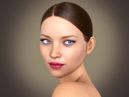 Beauty Woman face Portrait. Beautiful model Girl with Perfect Fresh Clean Skin color 3D Illustrationの写真素材