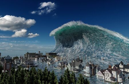 Tsunami wave apocalyptic water view urban flood Storm. 3D illustrationの写真素材