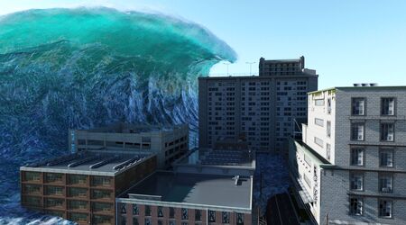 Tsunami wave apocalyptic water view urban flood Storm. 3D illustration