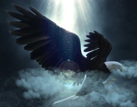 Bald eagle flying over the clouds 3d illustrationの写真素材