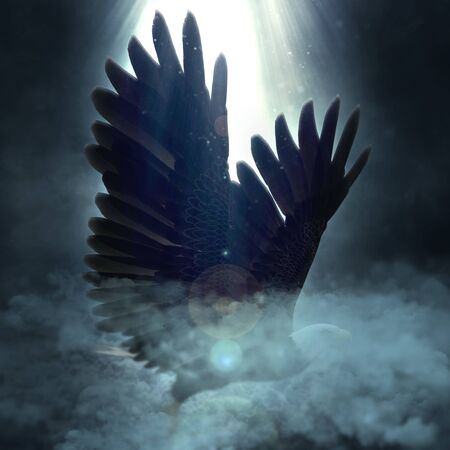 3D illustration bald eagle flying over the clouds isolated on white