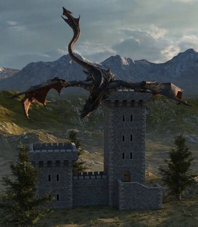 Fantasy dragon and medieval tower 3d illustrationの写真素材