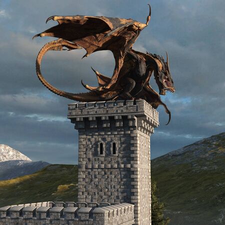 Fantasy dragon and medieval tower 3d illustrationの写真素材