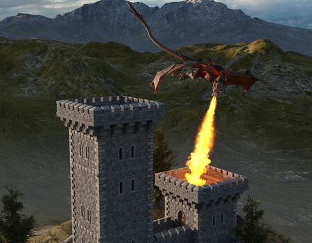 Fantasy dragon and medieval tower 3d illustrationの写真素材