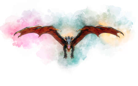 Fantasy dragon in the style of watercolor painting isolated on white 3d illustrationの写真素材