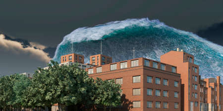 Tsunami wave apocalyptic water view urban flood Storm. 3D illustration