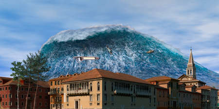 Tsunami wave apocalyptic water view urban flood Storm. 3D illustrationの写真素材
