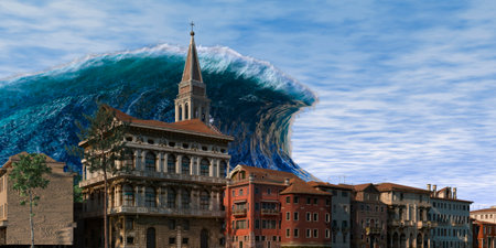 Tsunami wave apocalyptic water view urban flood Storm. 3D illustrationの写真素材