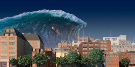 Tsunami wave apocalyptic water view urban flood Storm. 3D illustration