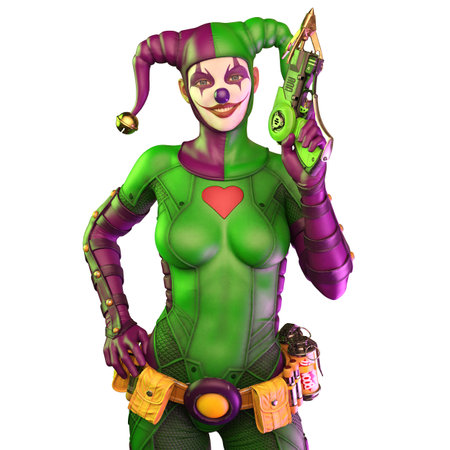 Woman clown warrior isolated on white background 3d illustrationの写真素材