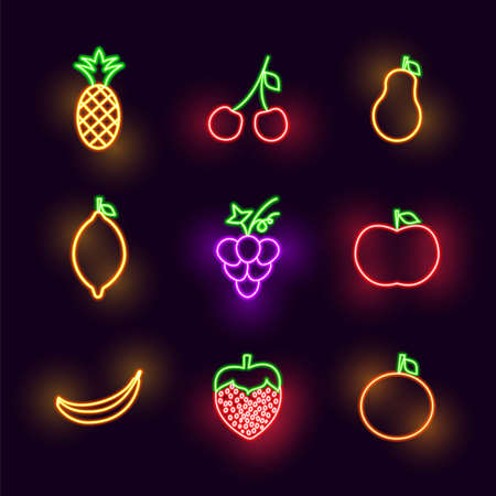 Neon Fruits Set. Vector Illustration of Food Objects.のイラスト素材