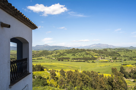 Natural valley landscape green fields blue spring skyの写真素材