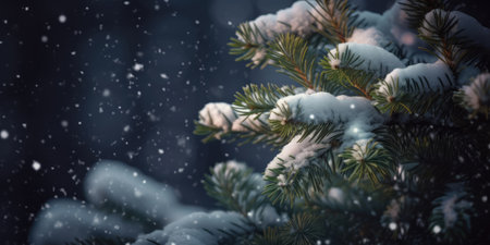 Fir branches covered with snow in the winter forest. Beautiful Background for Christmas, Winter, XMas or New Year Greeting card, banner, invitation designの素材