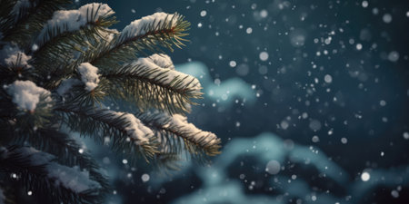 Fir tree branches covered with snow in the winter forest. Christmas backgroundの素材