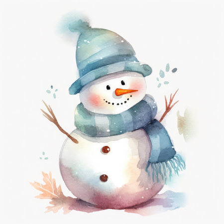 Cute Snowman in blue hat and knitted scarf on a White Background, Watercolor. Winter Clipart for celebration design, planner sticker, greeting card for Christmas, XMas, New Yearの素材