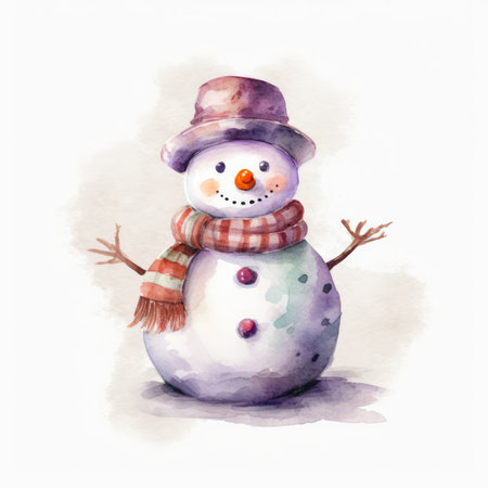 Watercolor illustration of a snowman in a hat and scarf.の素材
