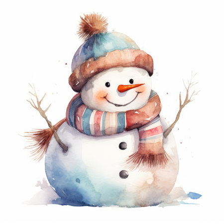 Cute Snowman on a White Background, Watercolor. Winter Clipart for celebration design, planner sticker, pattern, sublimation, greeting card for Christmas, XMas, New Yearの素材