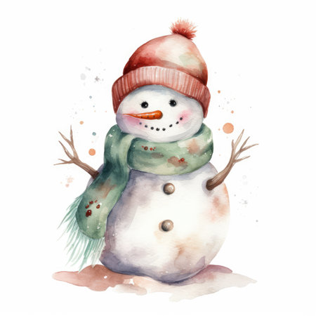 Funny Snowman in knitted hat and scarf on a White Background, Watercolor. Winter Clipart for celebration design, planner sticker, pattern, sublimation, greeting card for Christmasの素材