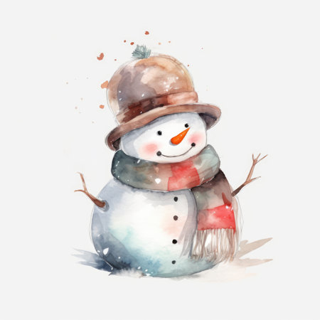 Watercolor snowman isolated on white background. Hand drawn illustration.の素材