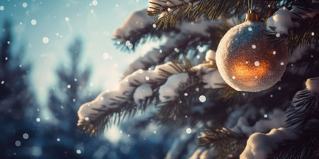 Christmas or New Year background with fir branches covered with snow and Golden Christmas ball. Christmas decorationの素材