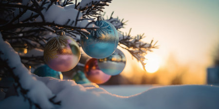 Colorful Christmas Balls hanging on a Fir Tree Branches in snow on winter nature background. Christmas Decoration. Background for Christmas and New Year Greeting card, bannerの素材