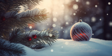 Red Christmas Ball and Christmas Tree branches in snow. Background for Christmas and New Year Greeting card, postcard, invitation or banner design, copy spaceの素材