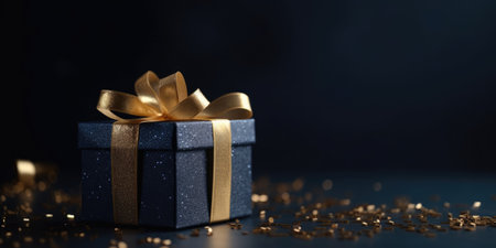 Blue gift box with gold ribbon bow. Elegant dark blue present box with golden bow on black background. Background for greeting card for Birthday, Christmas, New Year, Anniversaryの素材