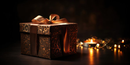 Golden Gift Box, Candle and Christmas decorations on a Black Background. Beautiful Backdrop for Christmas, New Year, XMas greeting card, banner, invitation designの素材