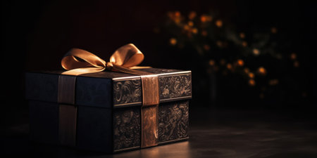 Brown gift box with golden ribbon bow on a black background. Elegant present box with gold bow on atable. Background for greeting card for Birthday, Christmas, Anniversaryの素材