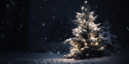 Christmas tree in the snow at night with lights. Christmas and New Year Background, copy spaceの素材