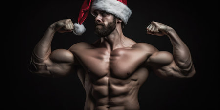 Portrait of a Sexy Brutal Santa Claus bodybuilder posing over black background. Modern Santa Clausの素材