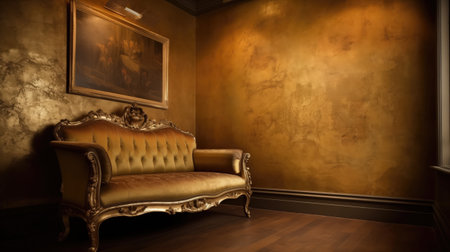 Luxury interior of an old baroque room with a golden sofaの素材