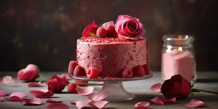 Cake with raspberries, pink roses and rose petals on a table on a dark backgroundの素材