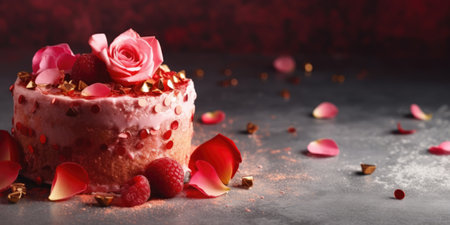 Delicious birthday cake with berries and rose petals on dark backgroundの素材