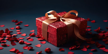 Red gift box with red hearts on dark background. Valentine's Day conceptの素材