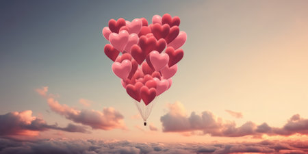 Pink Heart shaped balloons flying high in romantic sky. Love balloons. Valentine's day background, copy space. Romantic wallpaperの素材