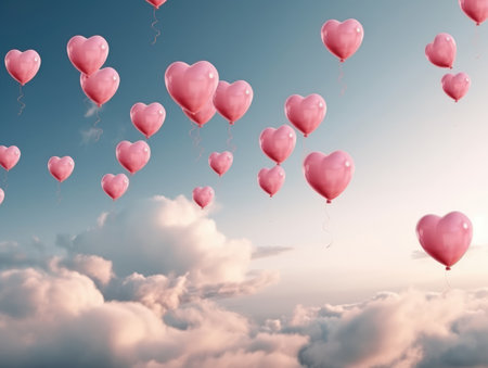 Pink heart shaped balloons flying in blue sky. Pink Hearts and White Clouds. Valentines day background, copy space. Love conceptの素材