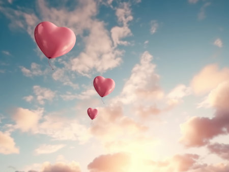 Heart shaped balloons in the sky. Pink hearts. Valentine's day background, copy space. Romantic wallpaperの素材
