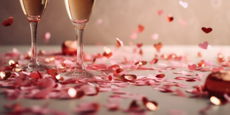 Valentine's day background with glass of champagne and hearts confetti on a dark background, copy spaceの素材