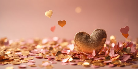Golden hearts confetti on pink background. Valentines day concept. Love, Wedding and Romantic backgroundの素材