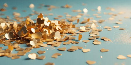 Golden hearts confetti on blue background. Valentines day conceptの素材